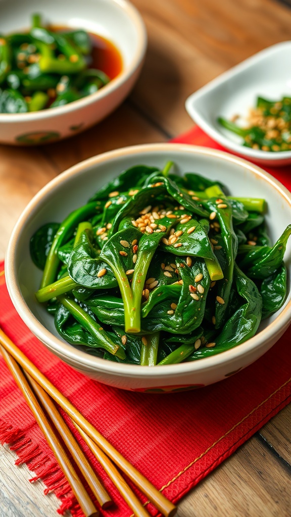 Korean spinach side dish with sesame seeds, served in a bowl on a traditional table.